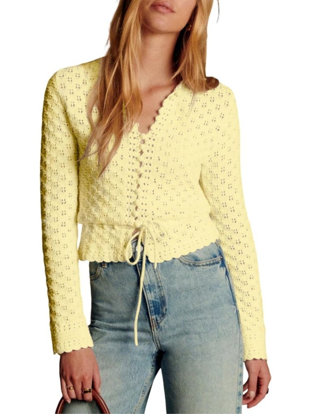 Lightweight Crochet Cardigan for Women | Long Sleeve Tie Front Knit Sweater Top